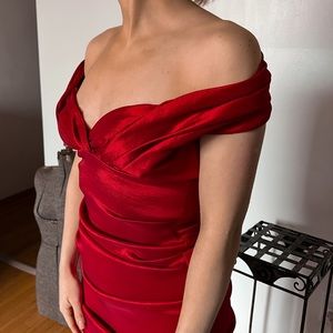 Vibrant red off the shoulder satin sheen cocktail dress
